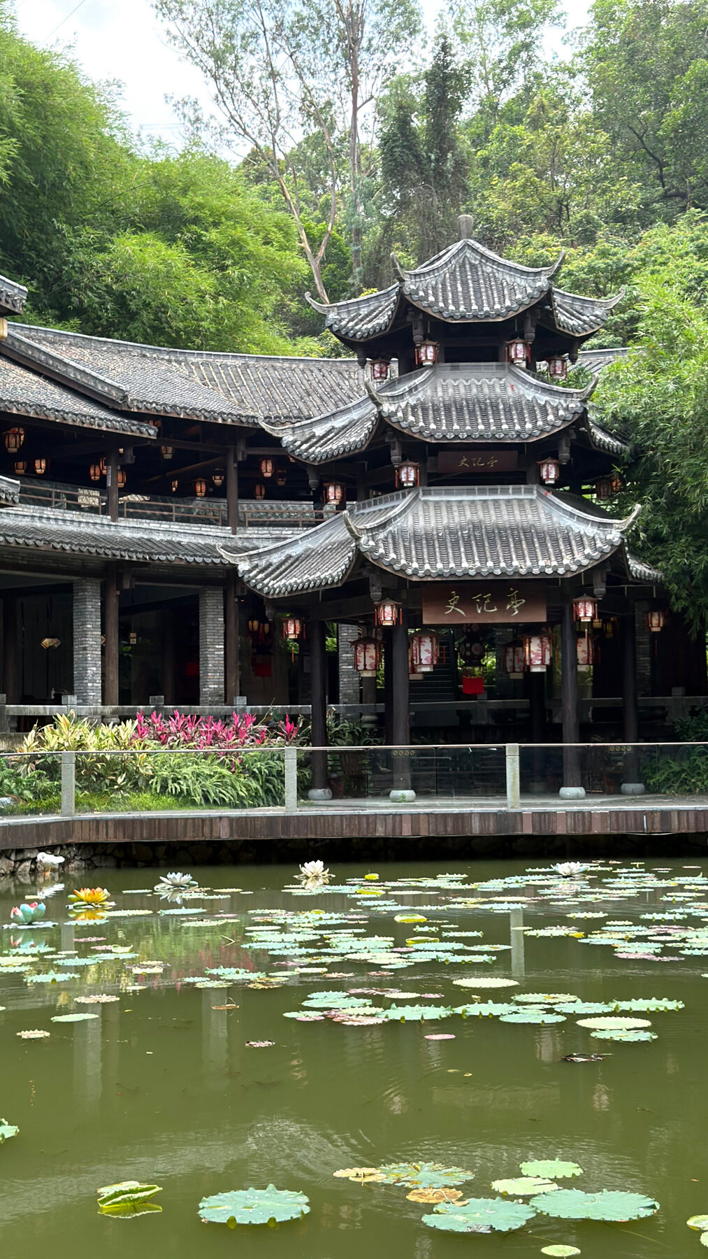 Pavilhão tradicional chinês com telhados curvos e lanternas vermelhas, refletido num lago de lótus