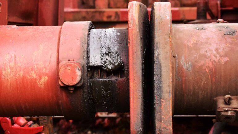 Close de maquinário industrial enferrujado com duas peças cilíndricas e uma junta central coberta de graxa preta, revelando os desafios frequentemente enfrentados ao negociar reparos, especialmente quando se busca dicas especializadas de especialistas chineses.