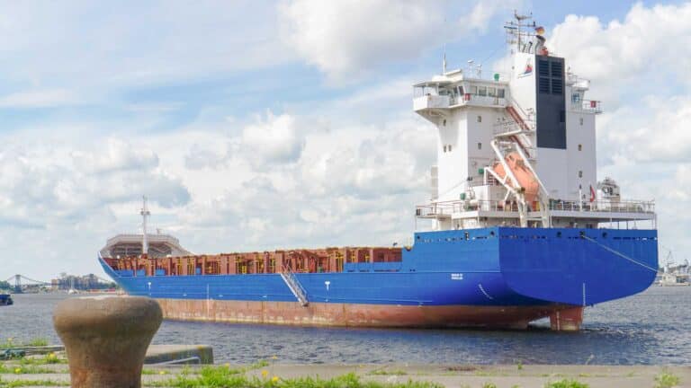O navio de carga Sozinho, carregado com contêineres prontos para entregas em 2024, está atracado em um porto sob um céu parcialmente nublado. Pronto para importar da China, ele está parado em meio à atividade movimentada.