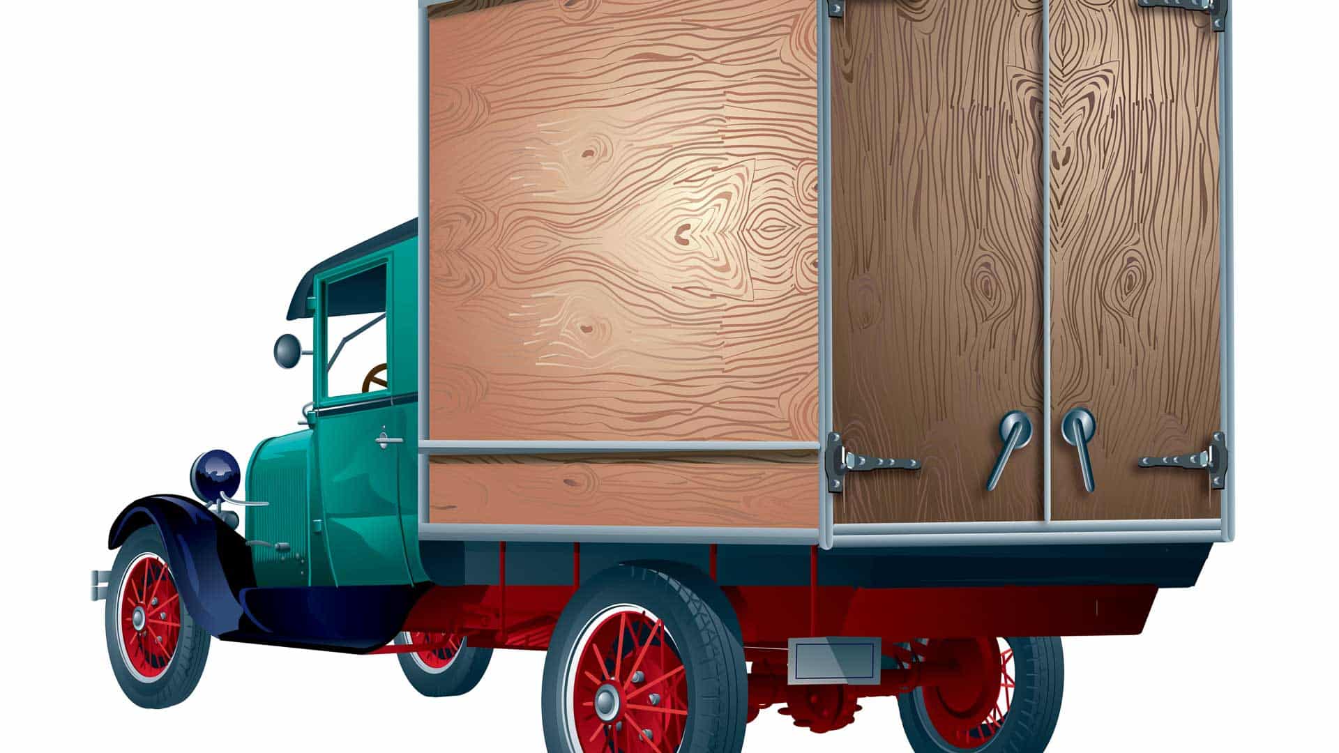 Um caminhão verde vintage com rodas vermelhas e uma grande caixa de carga de madeira na traseira cria uma peça de decoração única, perfeita para entusiastas de importações artesanais.