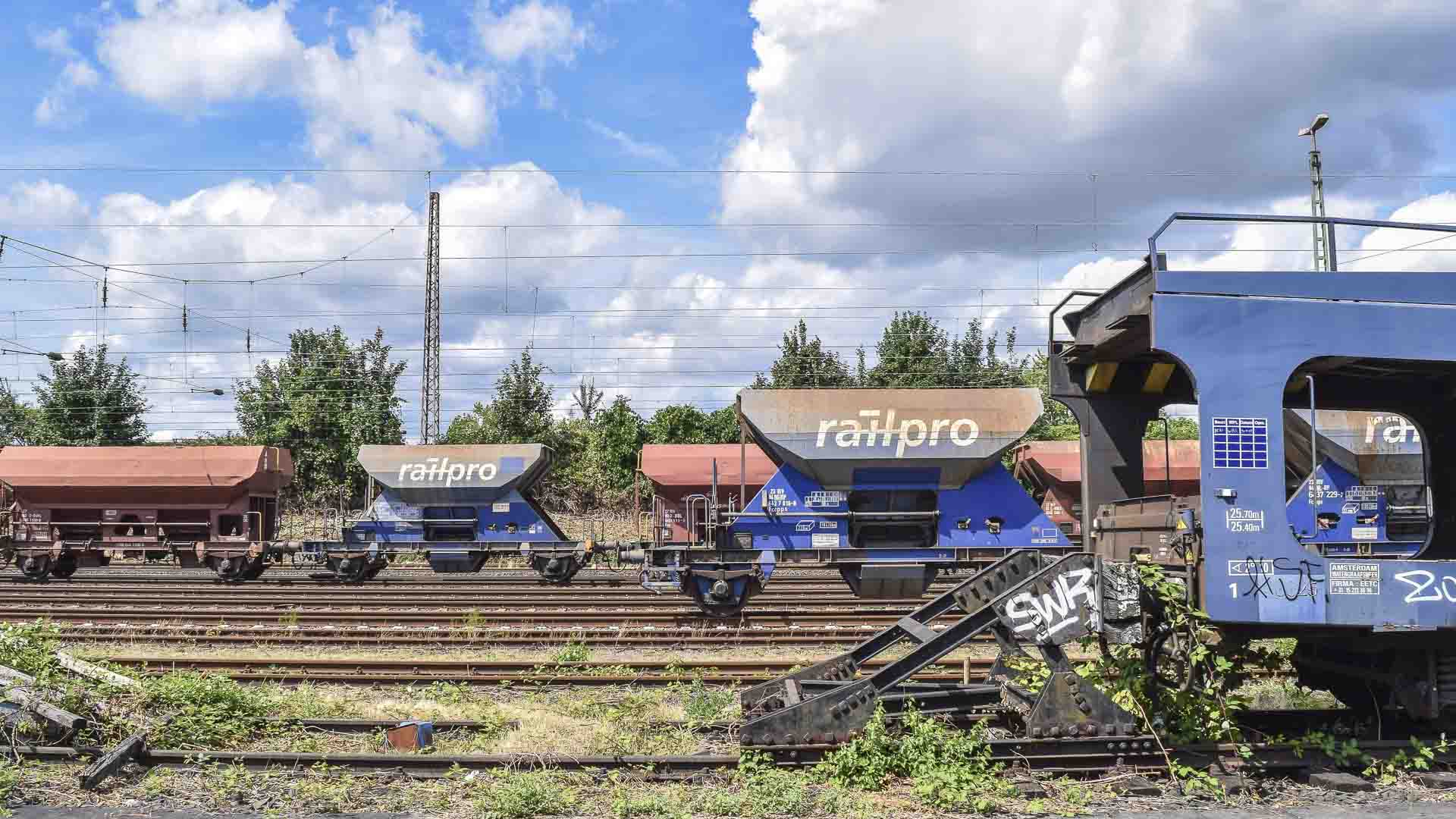 Vagões de trem de carga em trilhos ferroviários, alguns adornados com grafite, sugerem oportunidades inexploradas. Fios aéreos e árvores formam o pano de fundo sob um céu parcialmente nublado, abraçando a vibrante jornada de importação de brinquedos.