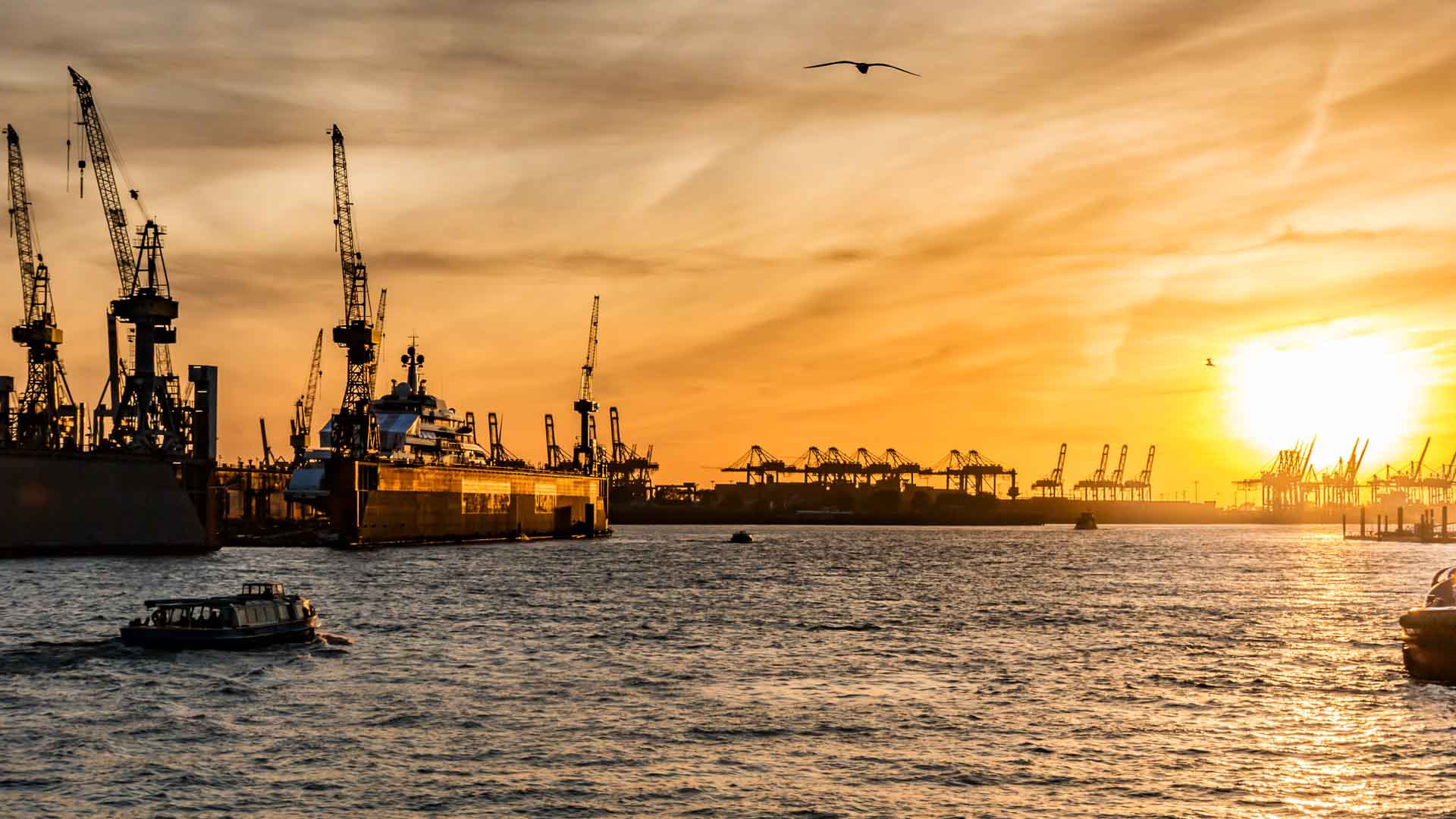 Silhueta de um porto ao pôr do sol com guindastes e navios à vista, barcos na água e um pássaro voando no céu, projetando reflexos que lembram uma lâmpada LED iluminando um mercado promissor.