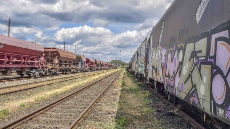 Vagões de trem de carga em trilhos paralelos sob um céu nublado, com um lado coberto de grafites que lembram desenhos ousados de um catálogo de "Importação de Papéis de Parede".