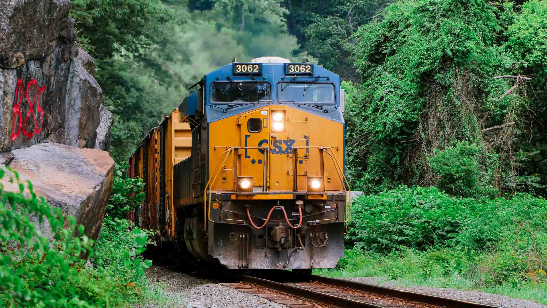 Um trem de carga CSX azul e amarelo, simbolizando produtos inovadores, viaja em uma linha cercada por vegetação verdejante e terreno rochoso, preparando o cenário para uma jornada de importação tranquila até 2025.