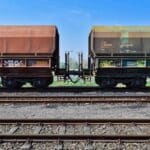 Dois vagões de trem de carga acoplados em trilhos paralelos, exibindo grafites com tinta vermelho-marrom e verde sob um céu azul claro. A cena captura o apelo bruto da arte, fazendo alguém se perguntar se é realmente "Vale a Pena" explorar esta tela vívida além da mera "Importação de Roupas".