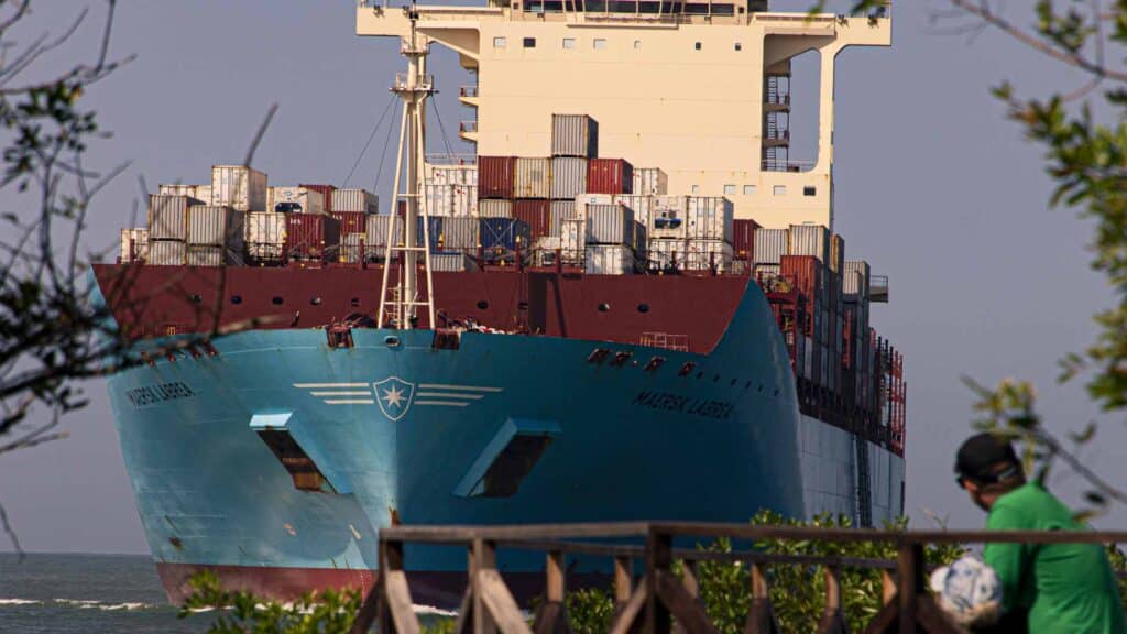 Um grande navio de carga azul, um símbolo do comércio futuro em 2025, navega pela água, parcialmente obscurecido por uma folhagem exuberante. Em primeiro plano, uma pessoa em verde e preto está em um caminho de madeira, capturando a cena serena, mas industriosa.