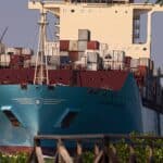 Um grande navio de carga azul, um símbolo do comércio futuro em 2025, navega pela água, parcialmente obscurecido por uma folhagem exuberante. Em primeiro plano, uma pessoa em verde e preto está em um caminho de madeira, capturando a cena serena, mas industriosa.