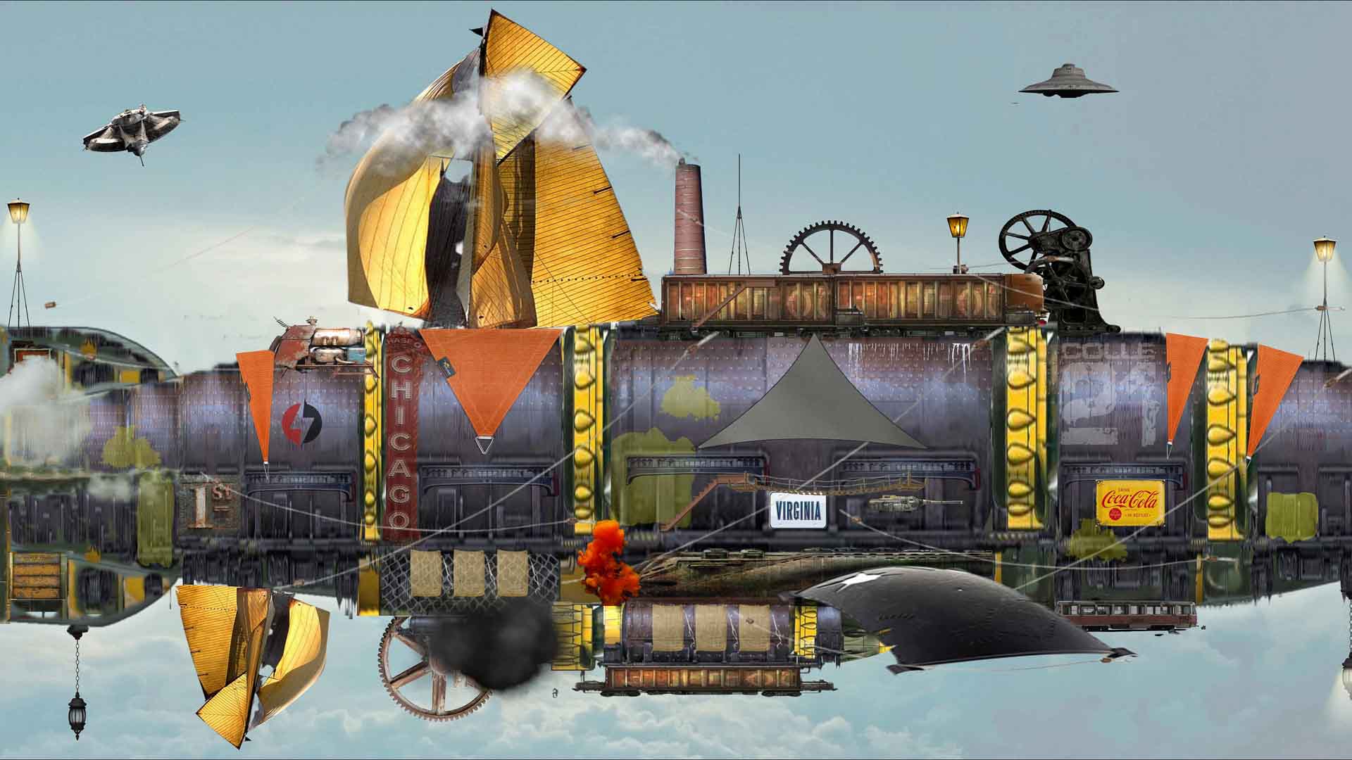Uma cena surreal se desenrola com um trem futurista da marca Empresa ostentando velas, cercado por elementos vintage e aeronaves elegantes. Em contraste com um céu nublado, a paisagem Nova espelha essas maravilhas abaixo.