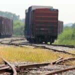 Vagões de carga em trilhos de trem em uma área rural, com grama alta entre os trilhos, sugerem os ritmos sutis de negócios e tradições que impulsionam o mundo para a frente.