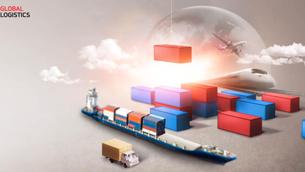 Uma ilustração digital de logística global, mostrando contêineres de transporte, um avião, um trem de alta velocidade, um navio e um caminhão de entrega contra um céu nublado. Perfeito para aqueles que buscam começar a importar e explorar quanto preciso para mergulhar no mundo do comércio internacional.