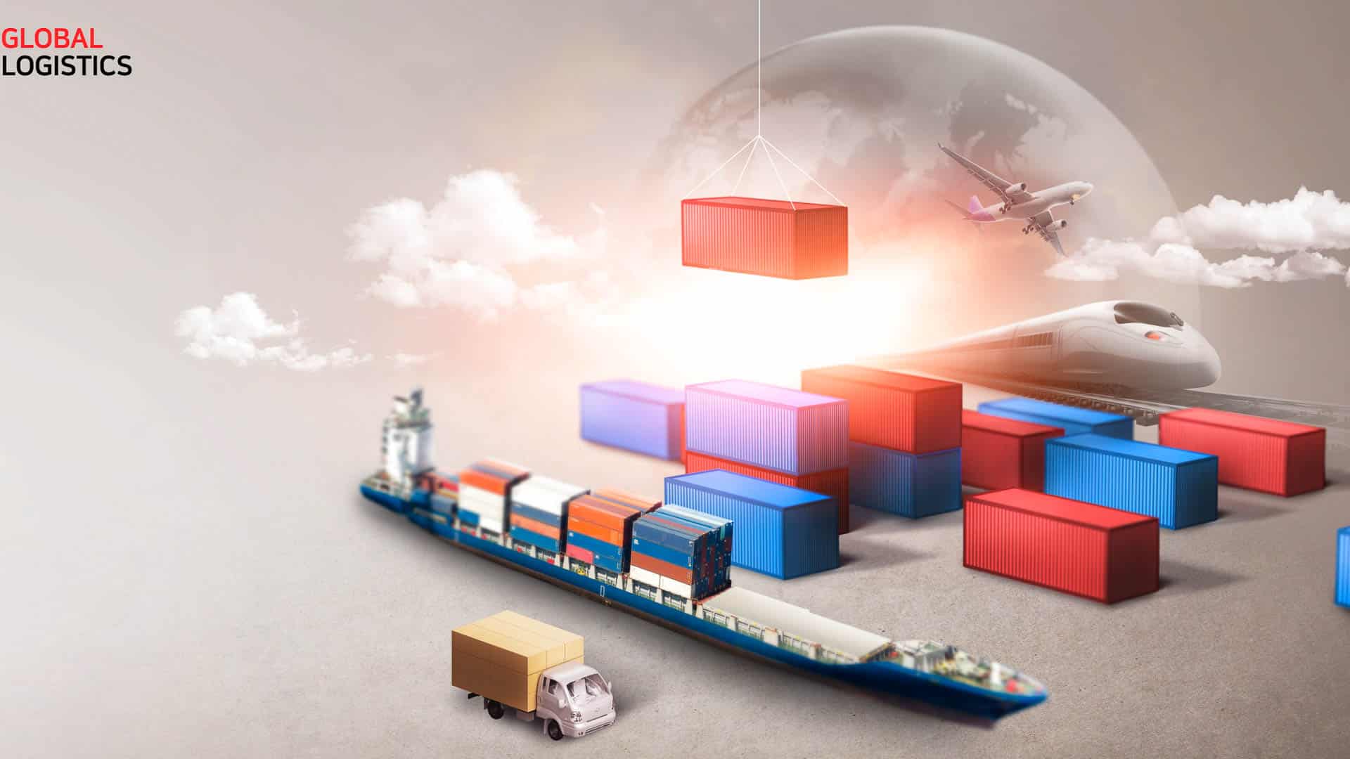 Uma ilustração digital de logística global, mostrando contêineres de transporte, um avião, um trem de alta velocidade, um navio e um caminhão de entrega contra um céu nublado. Perfeito para aqueles que buscam começar a importar e explorar quanto preciso para mergulhar no mundo do comércio internacional.