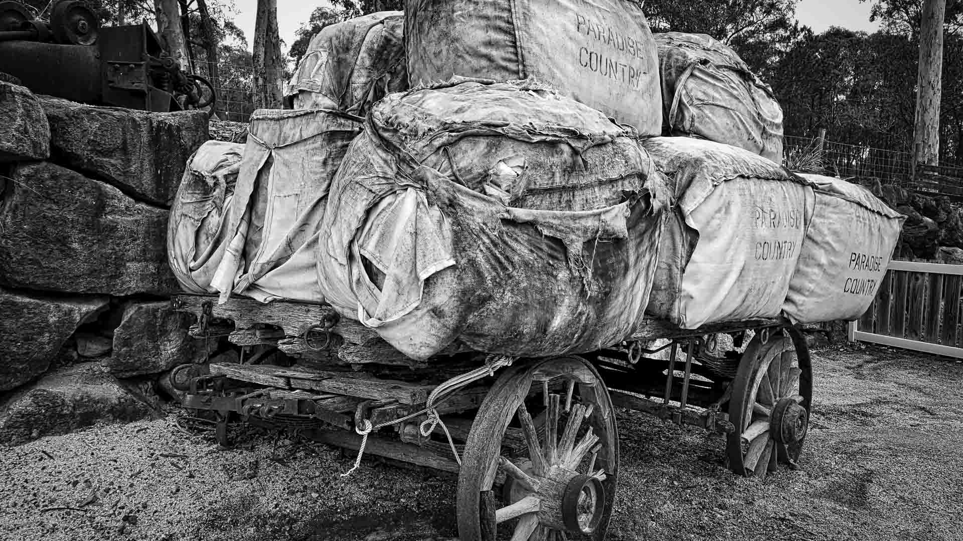 Uma velha carroça de madeira, que lembra rotas comerciais antigas, carregada com grandes sacos desgastados pelo tempo, sugere uma história de importação de terras distantes como a China para o Brasil, em um cenário rústico ao ar livre.