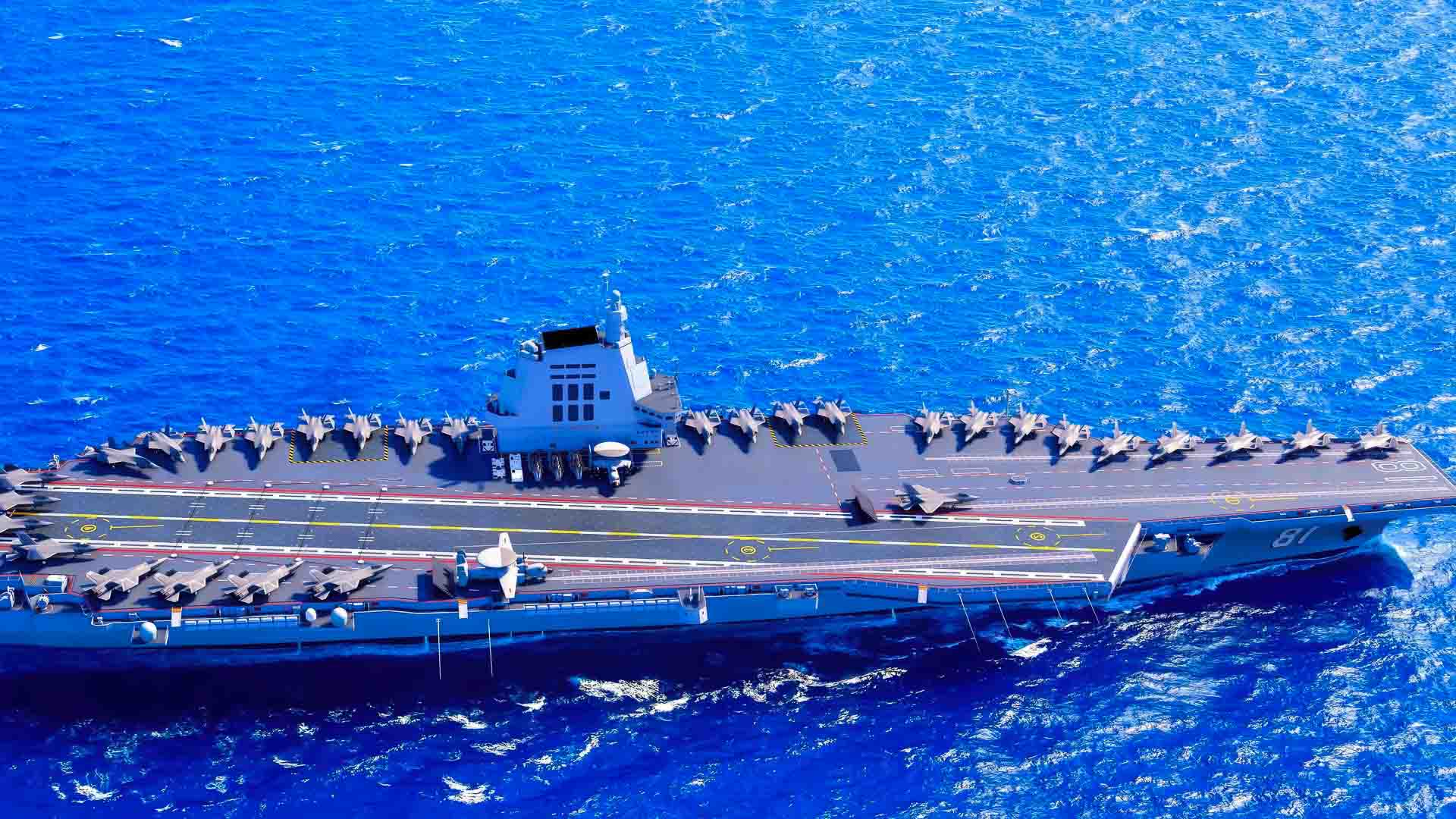 Um porta-aviões navega pelo oceano aberto, exibindo suas capacidades impressionantes com vários caças no convés — uma personificação da viabilidade estratégica em operações de defesa global.