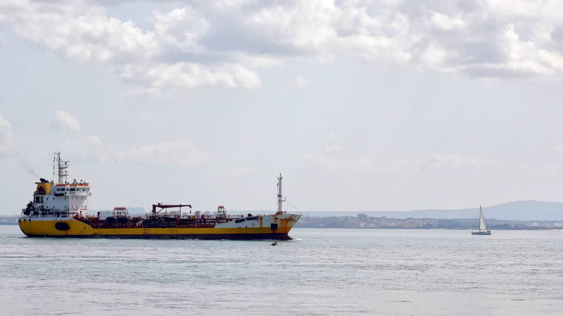 Um grande navio de carga, provavelmente carregado com produtos a importar, navega ao lado de um pequeno veleiro em águas calmas sob um céu nublado, tudo seguindo os padrões de Certificação Inmetro.