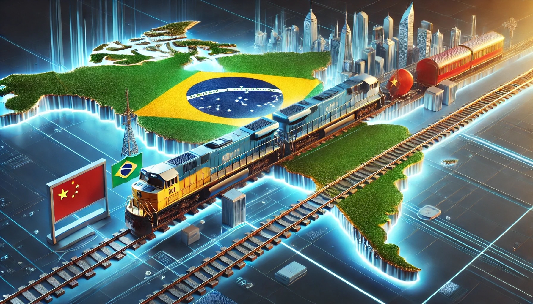 Ilustração de um trem conectando mapas estilizados da China e do Brasil com horizontes de cidades nos mapas.