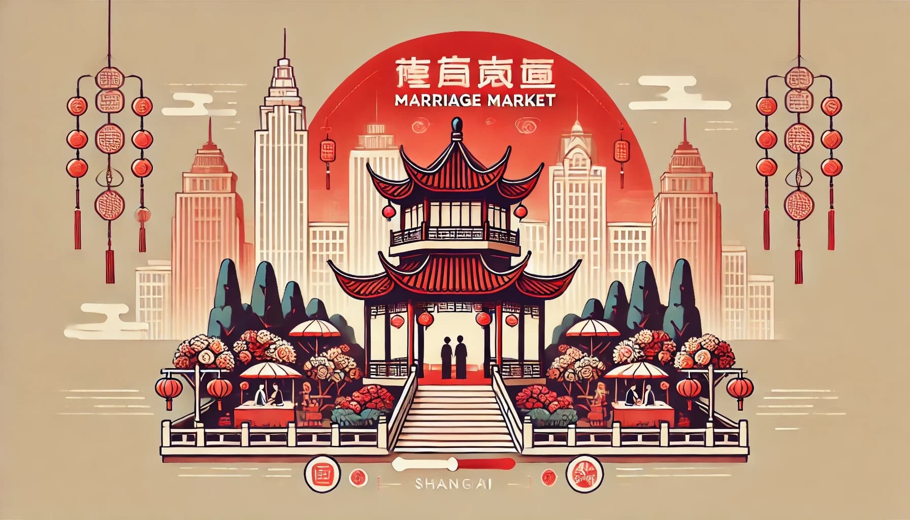 Ilustração de um pavilhão chinês em um mercado de casamento com pessoas, lanternas e arranha-céus ao fundo. O texto diz "Marriage Market, Shanghai.