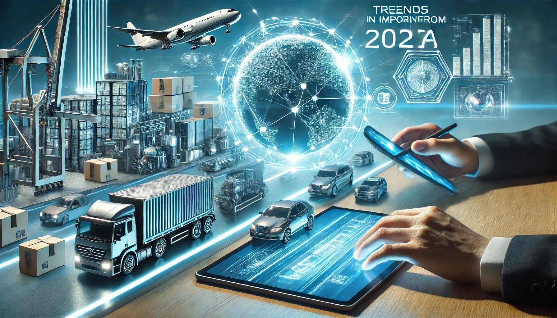 Conceito de logística futurista com um globo, veículos de transporte e um tablet digital mostrando visuais de tecnologia. O texto diz "Tendências em Importação a partir de 2024.