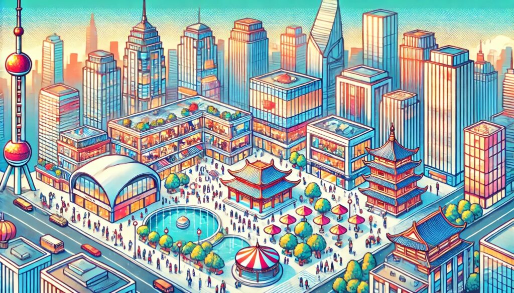 Ilustração de uma paisagem urbana moderna com arranha-céus, um pagode, um templo e uma praça movimentada com árvores, fontes e pessoas.