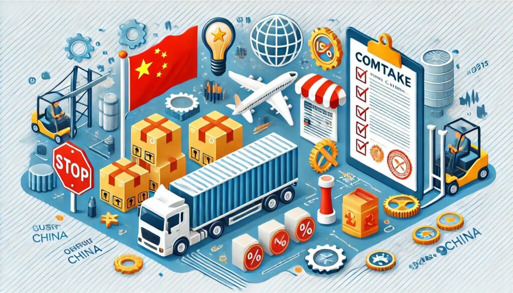 Ilustração da logística da China com bandeiras, caminhões, contêineres, aviões, empilhadeiras, engrenagens e uma lista de verificação rotulada "COMTAKE". Símbolos de comércio e troca estão presentes.