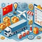 Ilustração da logística da China com bandeiras, caminhões, contêineres, aviões, empilhadeiras, engrenagens e uma lista de verificação rotulada "COMTAKE". Símbolos de comércio e troca estão presentes.