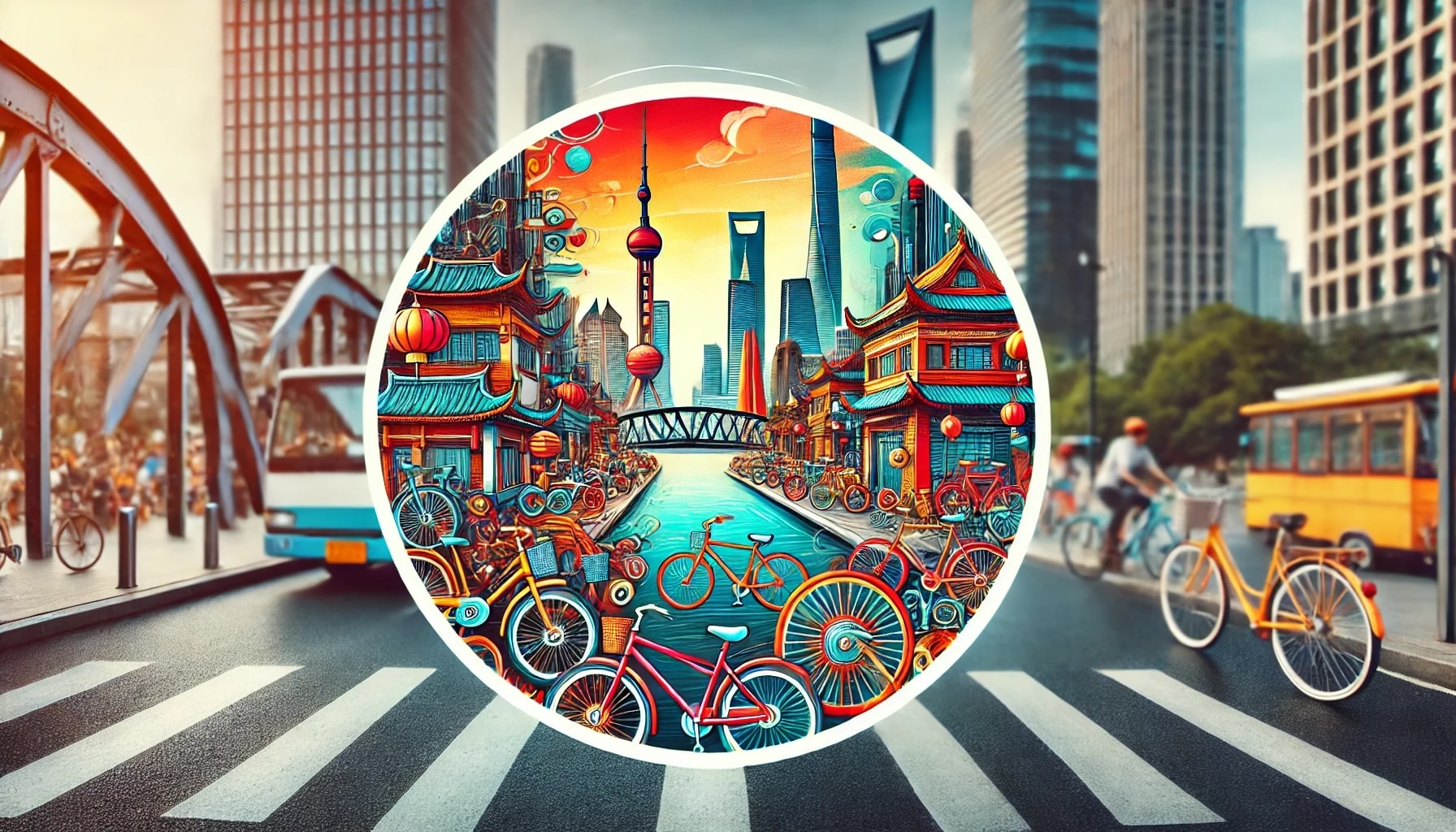 Uma ilustração circular de Xangai mostra uma paisagem urbana estilizada com bicicletas, cercada por uma cena de rua real movimentada com pessoas, ônibus e bicicletas em um cenário urbano que lembra uma vibrante atmosfera de loja.