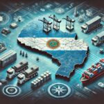 Ilustração do mapa da Argentina com imagens de logística: caminhões, contêineres, navios e guindastes, sugerindo transporte e comércio.