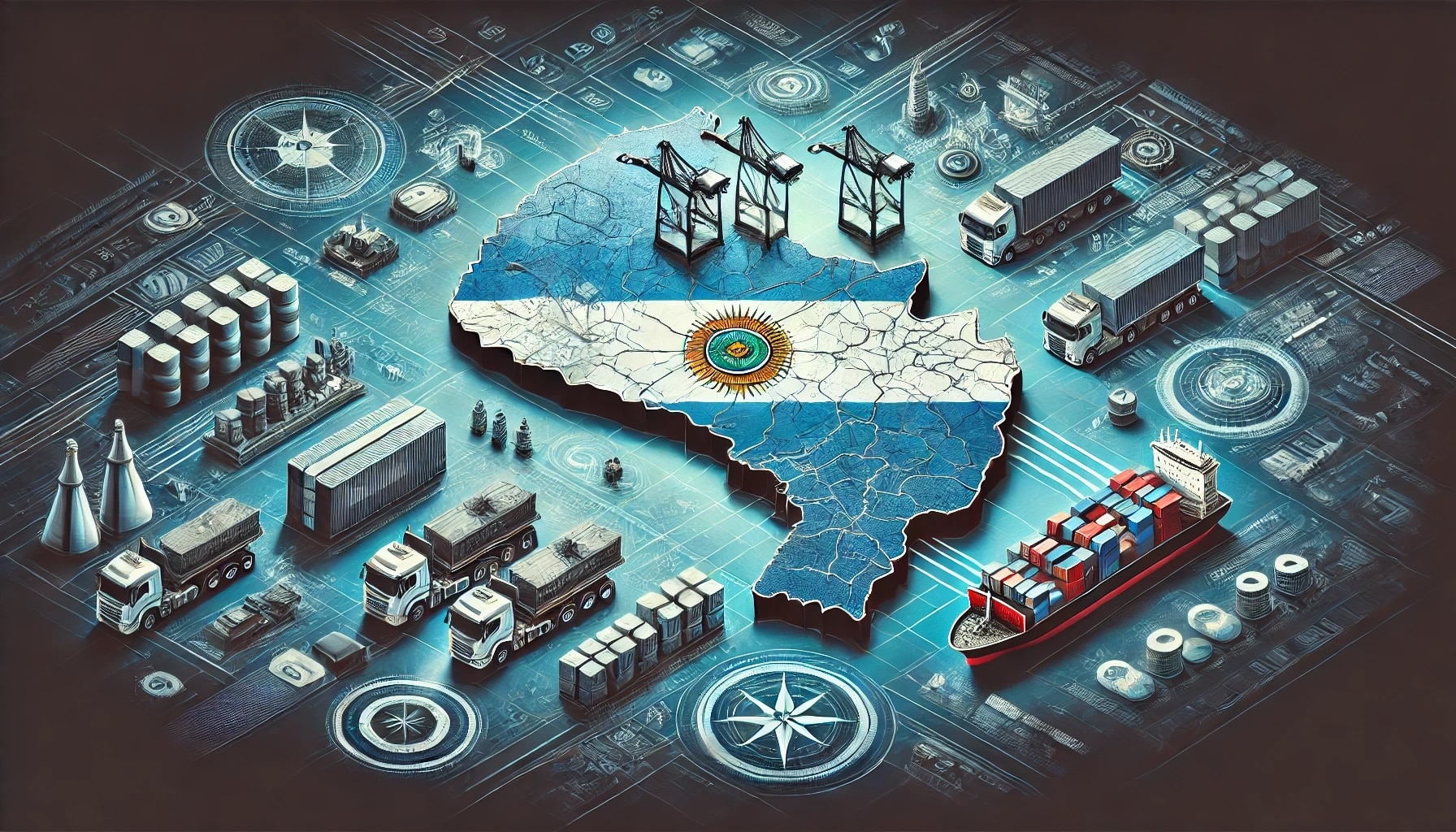 Ilustração do mapa da Argentina com imagens de logística: caminhões, contêineres, navios e guindastes, sugerindo transporte e comércio.