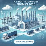 Ilustração de um cenário industrial futurista com fábricas, contêineres e caminhões em uma grade digital, rotulada "First-Time Import from 2025" e "5REP-TIME IMPORT".
