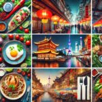 Uma colagem de paisagens urbanas vibrantes e vários pratos asiáticos, incluindo macarrão, frutos do mar e carnes assadas, com ruas e edifícios iluminados ao fundo.