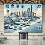 Ilustração de um aeroporto com aviões e o horizonte de Xangai em um grande mural dentro de um terminal. Áreas de estar e uma placa direcional estão na frente.