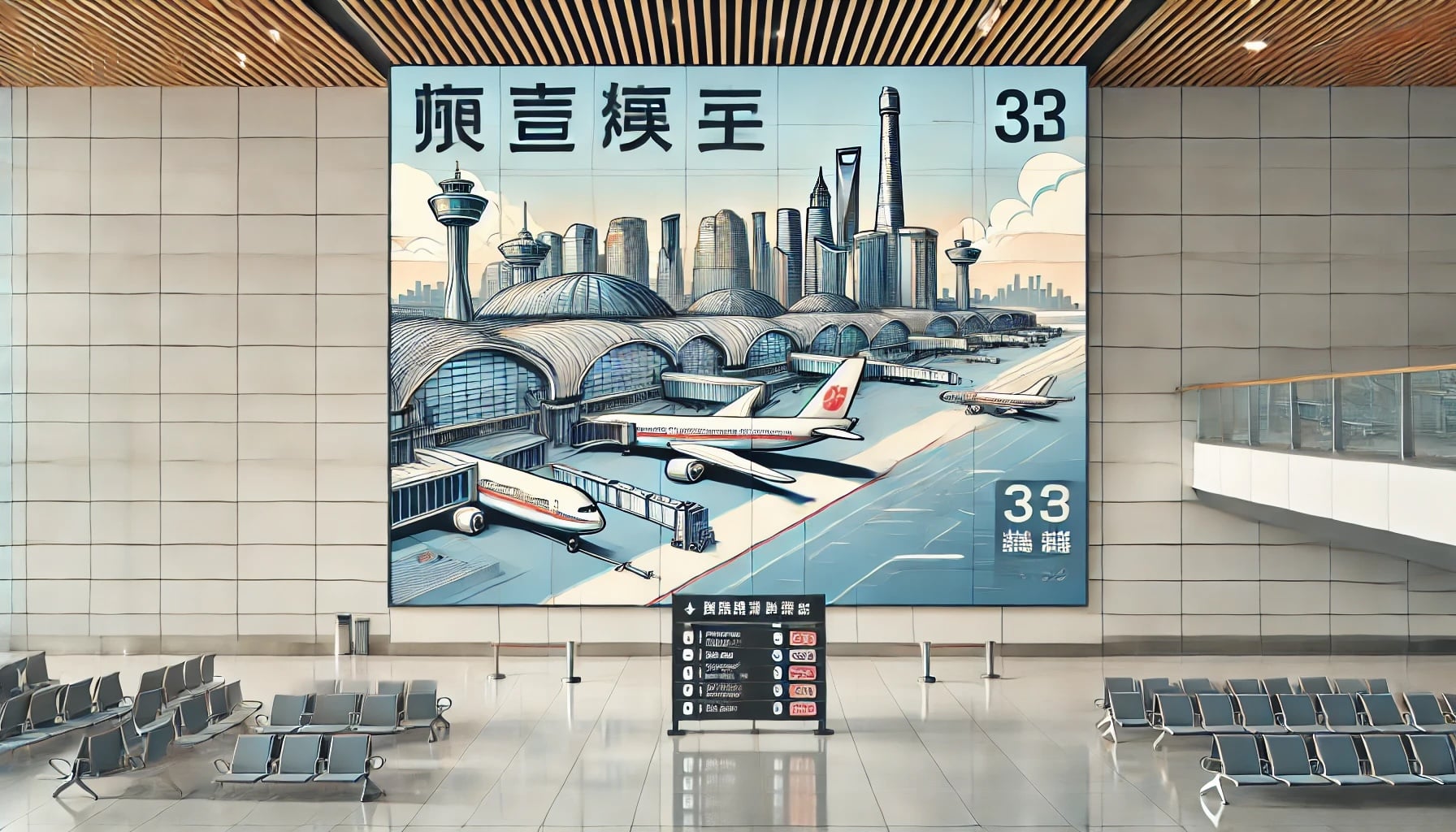 Ilustração de um aeroporto com aviões e o horizonte de Xangai em um grande mural dentro de um terminal. Áreas de estar e uma placa direcional estão na frente.