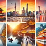 Uma colagem de paisagens e paisagens urbanas chinesas inclui arranha-céus modernos, pagodes tradicionais, lanternas e cenas aquáticas tranquilas.