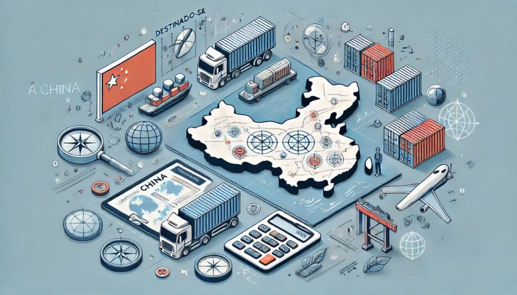 Uma ilustração do comércio da China apresentando caminhões, contêineres, navios e um mapa. Enfatizando as conexões globais do país, ele destaca símbolos de transporte e logística junto com a bandeira chinesa — exibindo plataformas e fornecedores chineses confiáveis no comércio internacional.