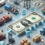 Ilustração do comércio internacional com navios de carga, caminhões, contêineres e guindastes ao redor de uma nota de dólar americano, simbolizando o comércio global e o intercâmbio financeiro.