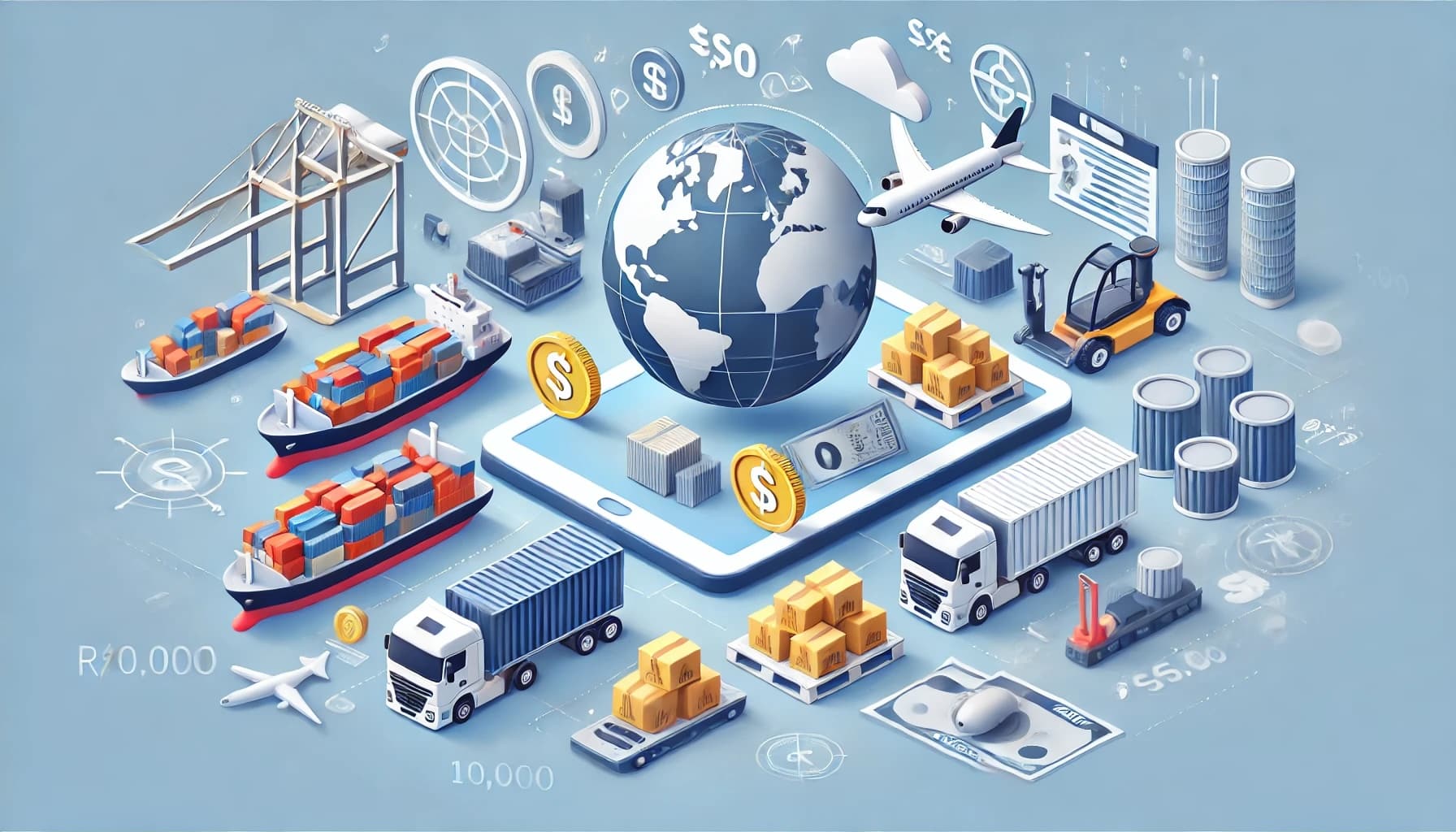 Ilustração do comércio global: navios de carga, caminhões, aviões, contêineres, símbolos de moeda e um globo em um tablet digital, simbolizando o comércio e a logística internacionais.