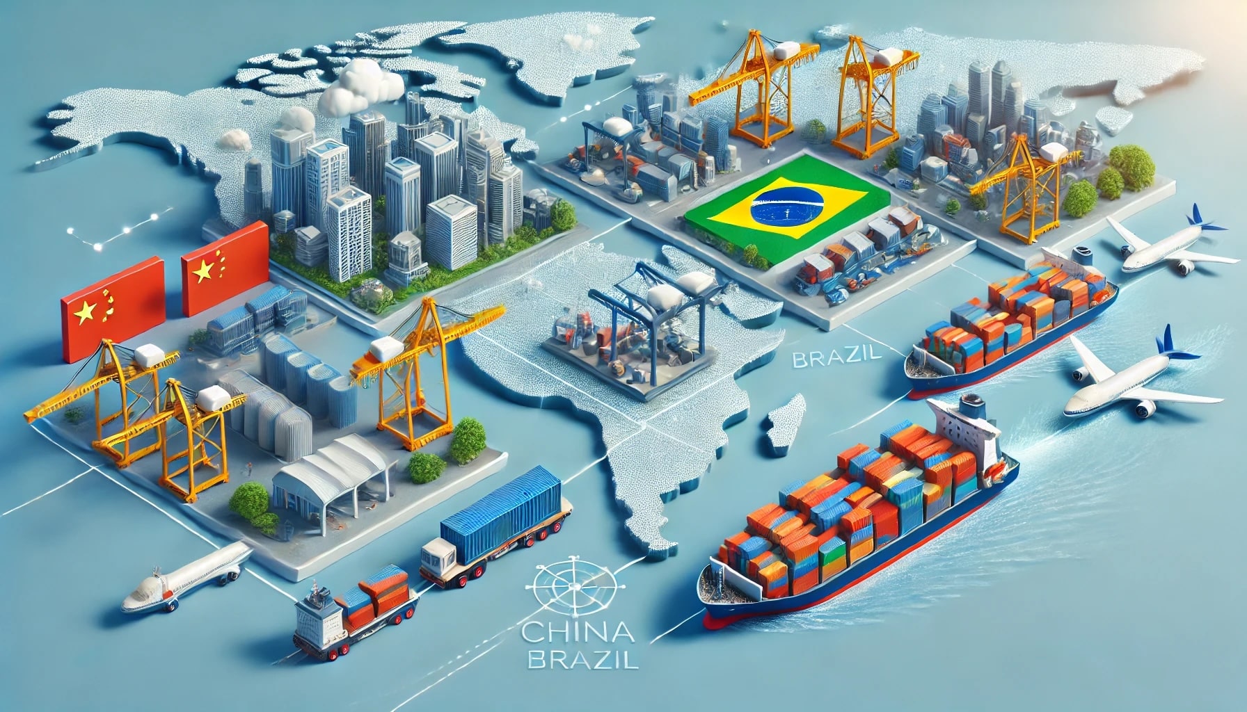 Ilustração representando o comércio entre a China e o Brasil, mostrando navios de carga, contêineres, aviões, guindastes e infraestrutura urbana sobrepostos em um mapa-múndi.