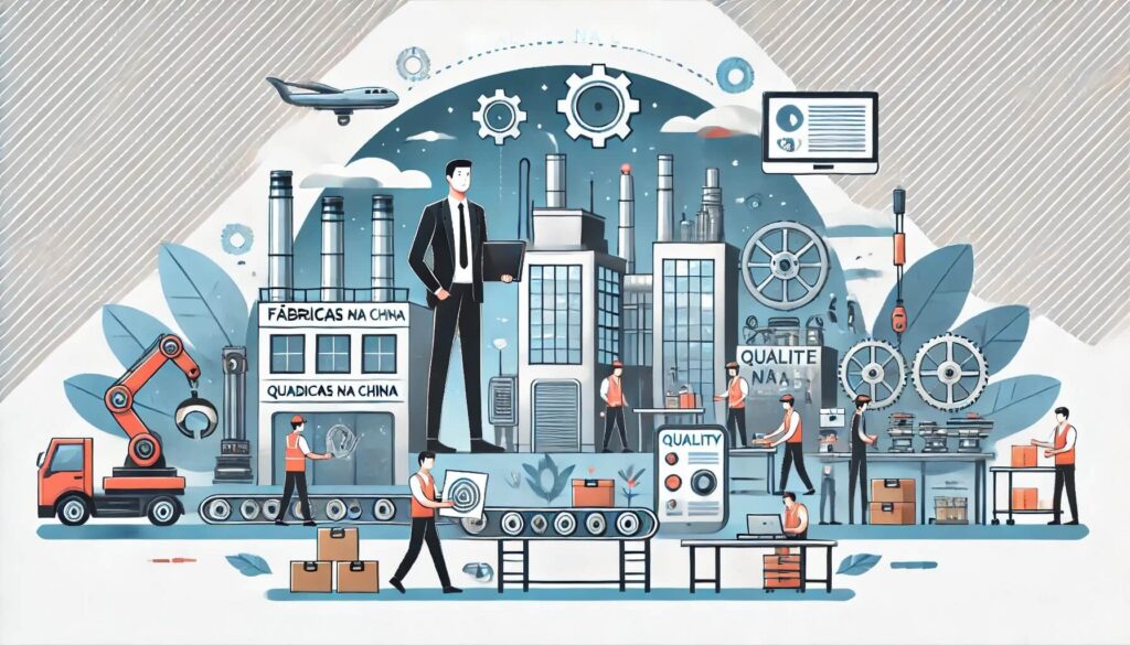 Ilustração de um processo de fabricação com pessoas trabalhando, máquinas e fábricas, destacando engrenagens e símbolos de controle de qualidade em um ambiente industrial. A cena sutilmente sugere a dinâmica de importação e o papel da China na cadeia de suprimentos global.