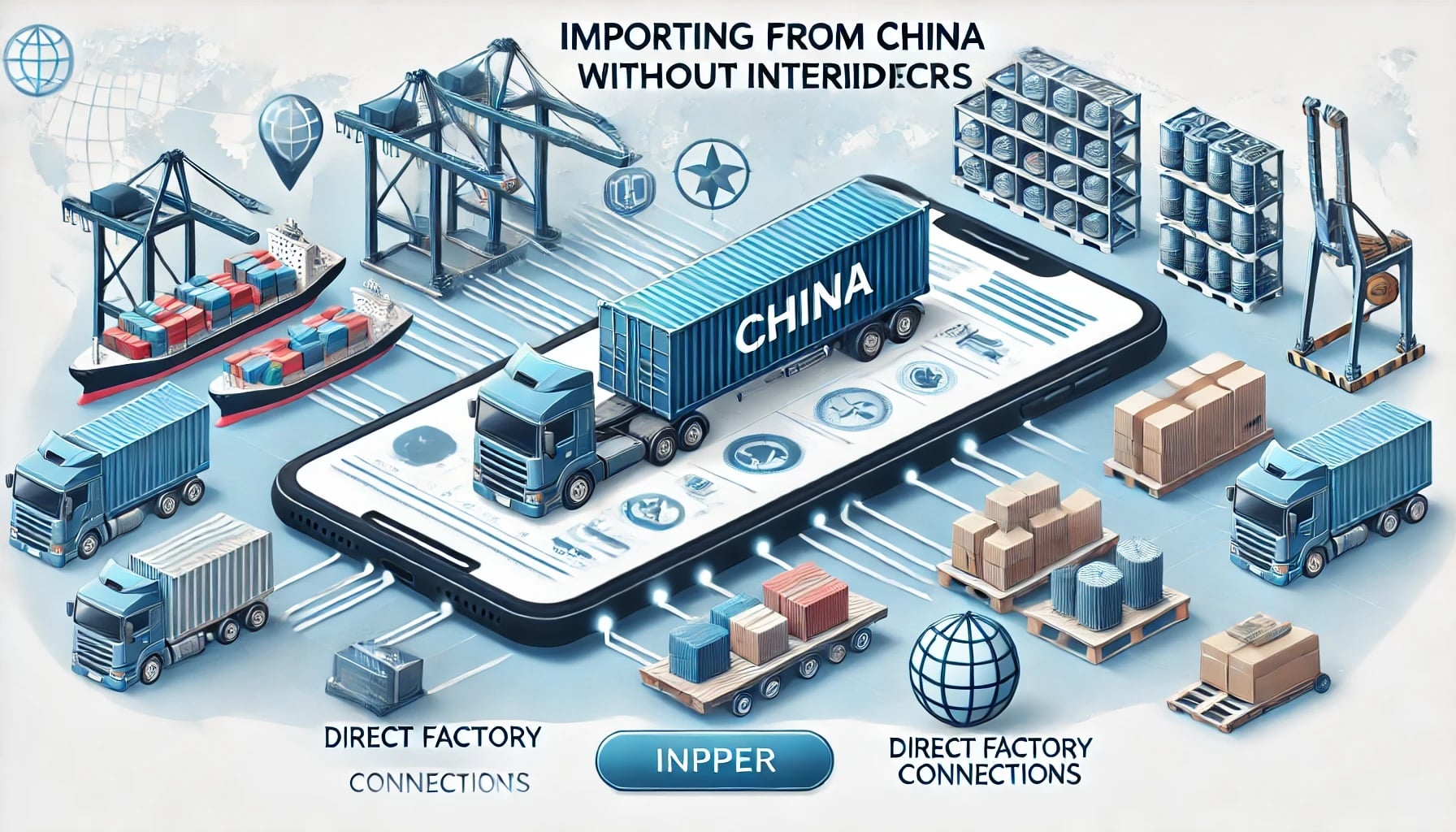 Ilustração de importação de produtos da China. Apresenta contêineres, caminhões, navios, fábricas e um smartphone. Etiquetado como "Conexões Diretas de Fábrica" e "Importando da China Sem Intermediários".