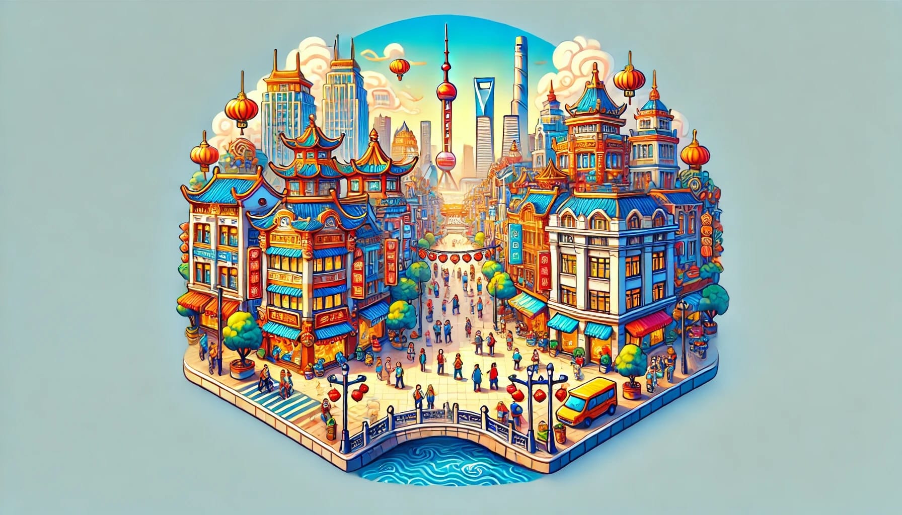 Uma ilustração colorida de uma cidade movimentada combina arquitetura asiática tradicional com arranha-céus modernos, ruas movimentadas adornadas com lanternas vermelhas e os aromas atraentes da gastronomia. Imagine a Mini Nanjing Road na China, onde cenas vibrantes e multidões animadas convidam a compras infinitas.