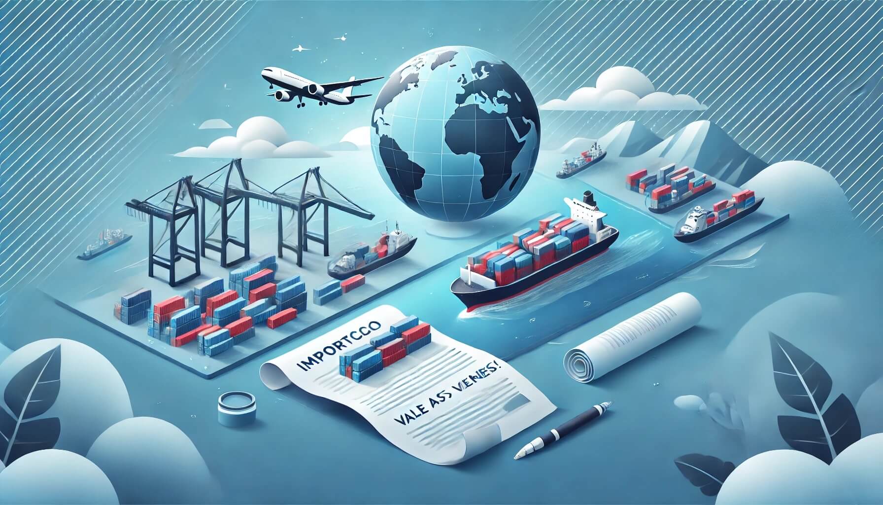 Ilustração do comércio global em 2025: navios de carga, contêineres, avião, guindastes, globo, contrato rotulado "IMPORT CO" e caneta, representando transporte e logística internacional com foco em importar autopeças da China.