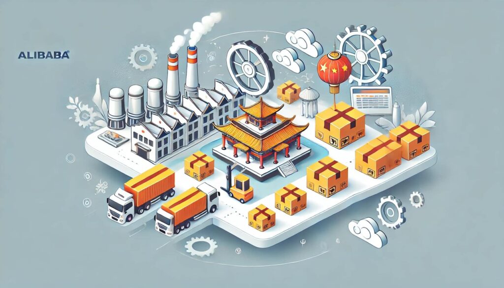 Ilustração de uma plataforma digital exibindo fábricas, engrenagens, caminhões, caixas de remessa e um edifício chinês tradicional, simbolizando e-commerce e logística. A palavra "Alibaba" é exibida com destaque, destacando seu papel na importação com processos simplificados de pedido mínimo.