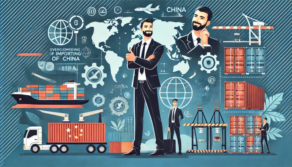 Um empresário ilustrado com braços cruzados está confiantemente em meio a ícones do comércio global, um mapa, contêineres de transporte e guindastes, simbolizando o comércio internacional e a logística empresarial. Oferecendo dicas para importar da China, ele capacita você a perder medo e navegar pelas complexidades do comércio global.